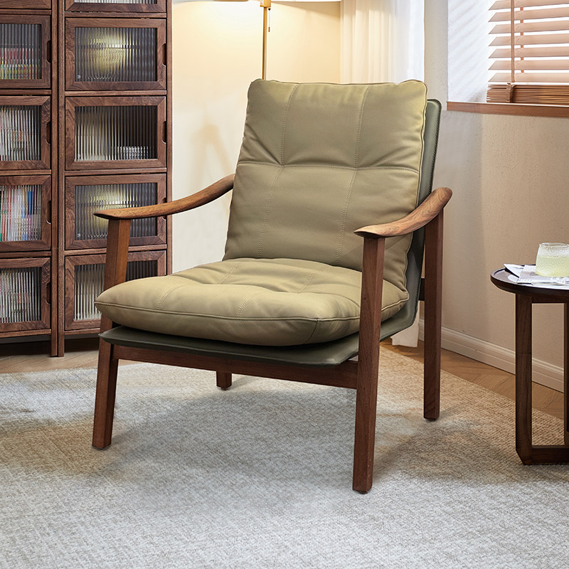 北美黑胡桃木单人沙发椅客厅实木真皮休闲 椅高级单椅中古单人沙