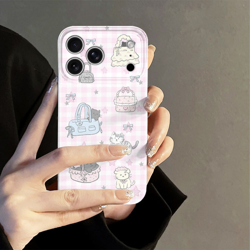 格纹小猫适用苹果18promax手机壳iPhone17pro简约16日韩15少女oppo14防摔套13十八新款华为荣耀小米vivo红米