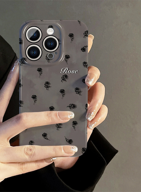黑色玫瑰适用iphone15promax苹果14新款13全包mini防摔xr创意白色可爱简约小众高级感12菲林8plus11手机壳女
