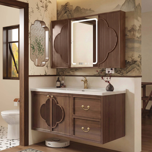 浴之星卫生间宋氏美学橡木烤漆浴室柜组合风水镜中古风陶瓷一体盆