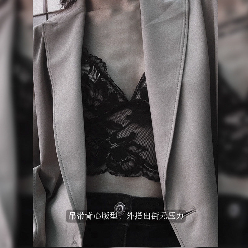 蕾丝无钢圈小胸文胸罩三角杯薄款内衣套装内裤女吊带带胸垫显胸大