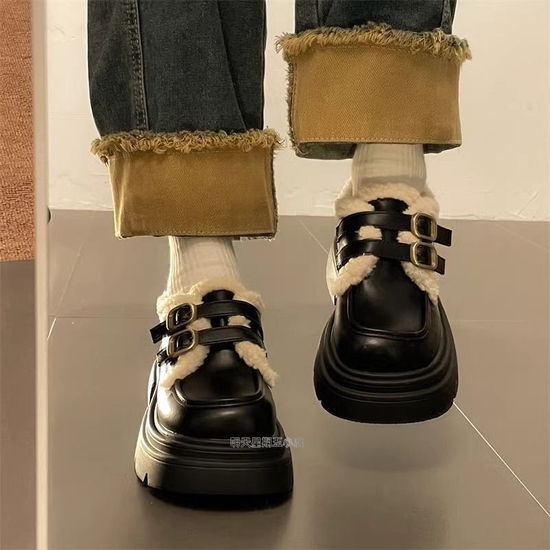 厚底加绒乐福鞋女2025冬款毛毛小个子增高雪地棉鞋高跟玛丽珍皮鞋