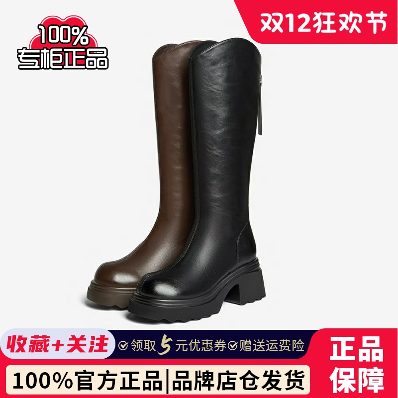 专柜正品百思图2025冬商场新款显瘦V口骑士靴女粗跟长靴F2181DG5