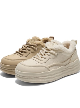 百丽厚底高帮小白板鞋女鞋子25冬季新款加绒保暖毛毛板鞋E6J1DDM5