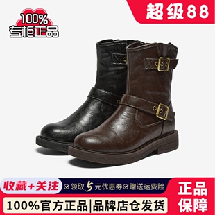 百思图冬新款潮酷加绒保暖粗跟女马丁靴通勤皮短靴棉鞋W2551DZ4