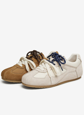 百思图2025春季商场新款真皮百搭德训鞋平底女运动休闲鞋A1915AM5