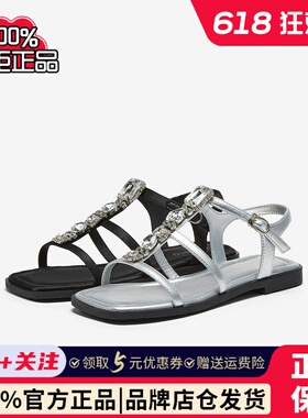 百思图2025夏季新款时尚复古绑带银色罗马凉鞋平底女凉鞋B5306BL5