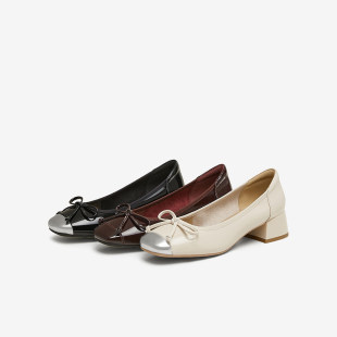 W6791AQ5 蝴蝶结懒人一脚蹬粗跟方头女单鞋 百思图2025春季 商场新款