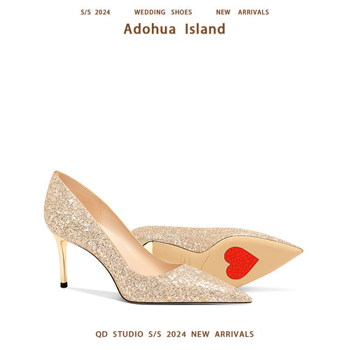 阿朵花屿婚鞋金色亮片水晶伴娘鞋
