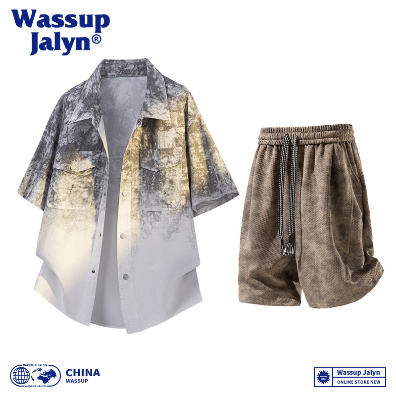 WASSUP JALYN潮牌扎染短袖衬衫套装男款美式夏季渐变衬衣两件套男图片