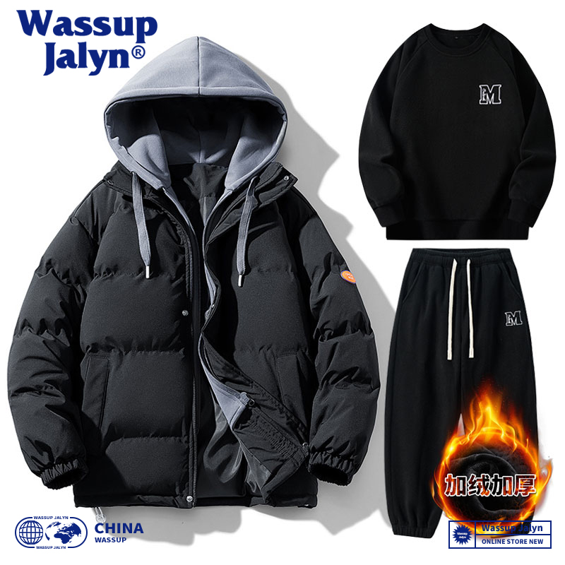 WASSUP JALYN棉衣套装男女假两件连帽秋冬羽绒棉服加厚情侣三件套