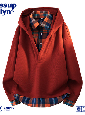 WASSUP JALYN日系学院风假两件格子拼接连帽卫衣男女秋冬V领外套