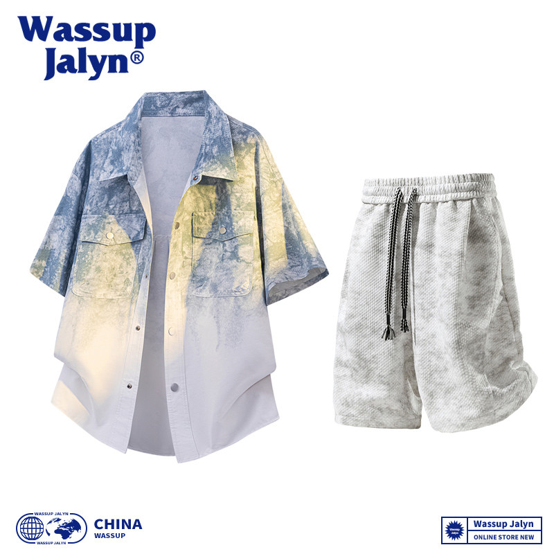WASSUP JALYN潮牌扎染短袖衬衫套装男款美式夏季渐变衬衣两件套男图片