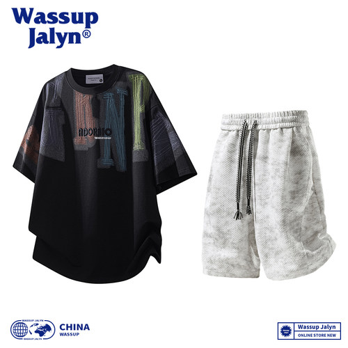 WASSUP JALYN潮牌运动套装男款美式休闲短袖T恤夏季沙滩短裤套装