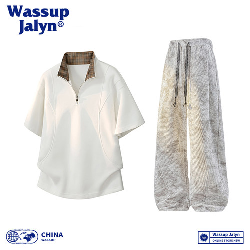 WASSUP JALYN半拉链两件套短袖POLP衫夏季设计感潮流休闲长裤套装