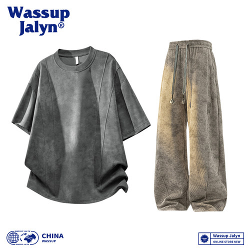 WASSUP JALYN美式高街做旧扎染圆领短袖套装男夏季休闲运动两件套