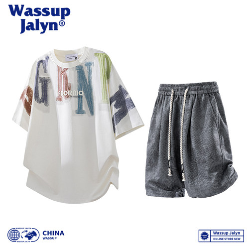 WASSUP JALYN涂鸦字母短袖短裤夏季2026印花高级感休闲运动套装男