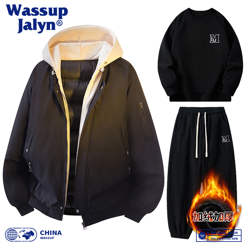 WASSUP JALYN羽绒棉服套装男女冬季加厚韩系棉袄假两件棉衣三件套