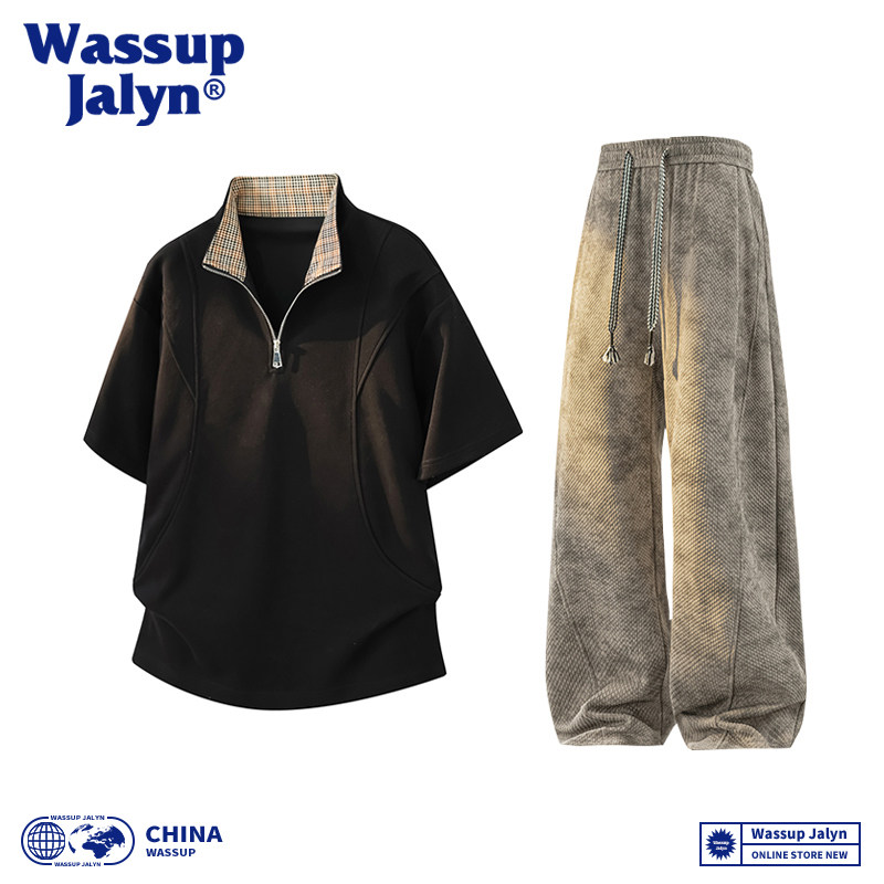 WASSUP JALYN半拉链两件套短袖POLP衫夏季设计感潮流休闲长裤套装