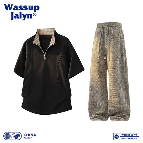 WASSUP JALYN半拉链两件套短袖POLP衫夏季设计感潮流休闲长裤套装