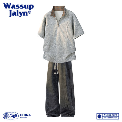 WASSUP JALYN半拉链两件套短袖POLP衫夏季设计感潮流休闲长裤套装