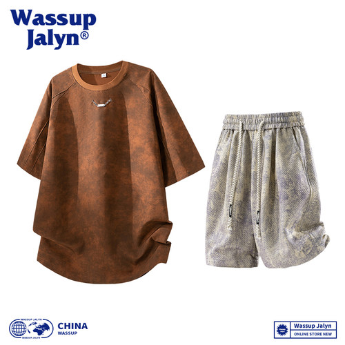 WASSUP JALYN夏季新款宽松短袖休闲套装男士设计感扎染潮流两件套