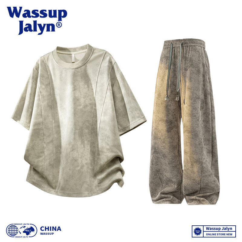 WASSUP JALYN美式高街做旧扎染圆领短袖套装男夏季休闲运动两件套