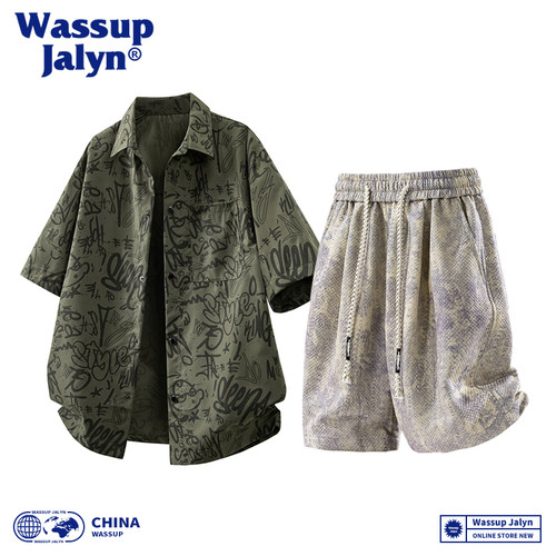 WASSUP JALYN潮牌套装男夏季短袖衬衫男士轻奢运动短裤男款两件套