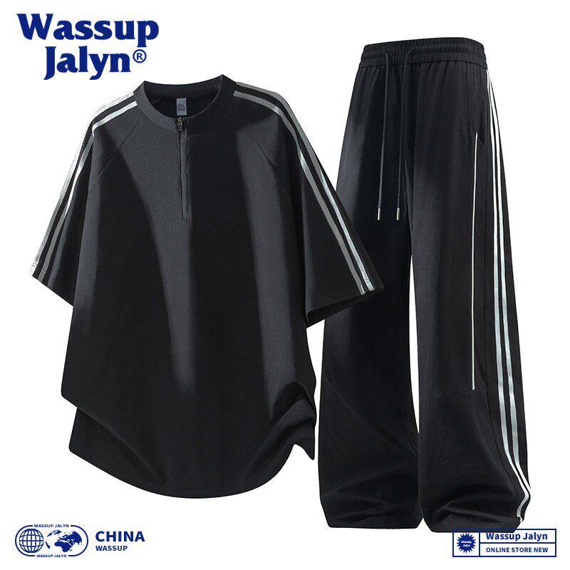 WASSUP JALYN美式潮流上衣直筒裤男款夏季冰感运动短袖卫裤套装男