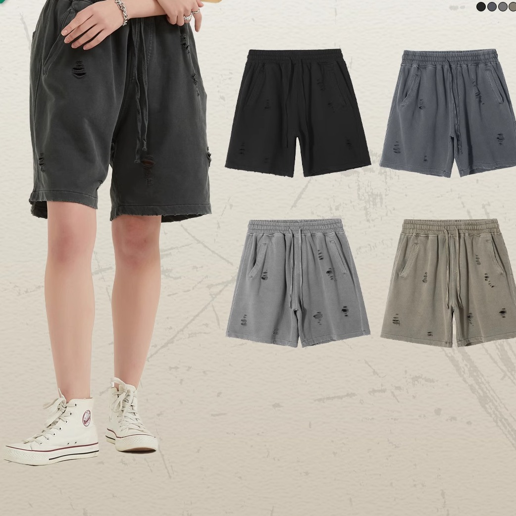 Casual hole tied rope solid color shorts休闲系绳宽松纯色短裤