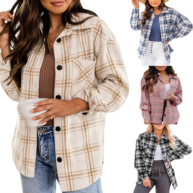 Casual collar plaid long sleeved shirt休闲翻领格子长袖衬衣女