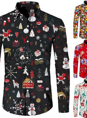 Casual 3D Christmas slim shirt man  休闲3D圣诞长袖修身衬衫男