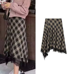 Asymmetric grid lace with pattern skirt 格纹不对称蕾丝半身裙