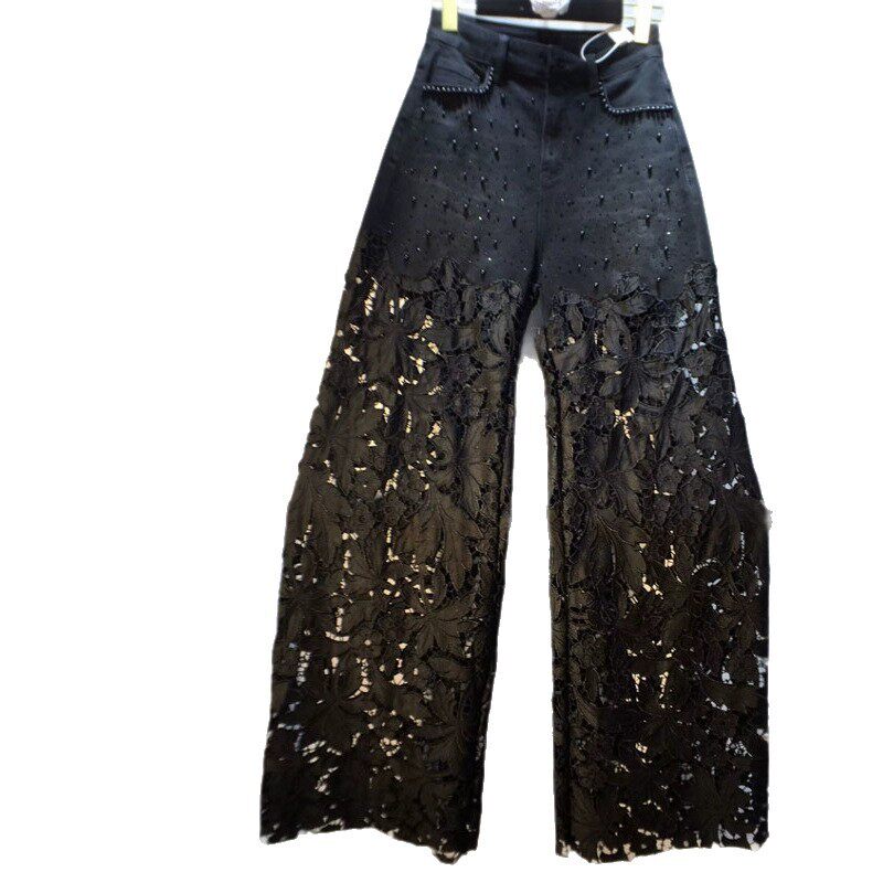 牛仔拼接钩花镂空蕾丝裤女Cowboy hook flower hollow lace pants
