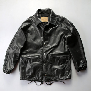 教练员胎牛皮夹克外套男翻领日系复古宽松休闲真皮皮衣男士
