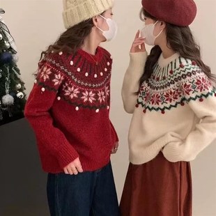 L厚款 复古提花圣诞费尔岛毛衣女套头宽松秋冬季 慵懒风软糯针织上
