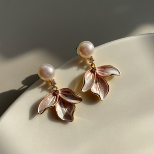 珍氏珠宝天然淡水珍珠耳钉女款 淡粉花瓣气质耳环耳饰 清新甜美时尚