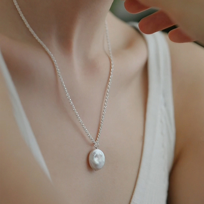 珍氏珠宝天然淡水珍珠吊坠女 优雅巴洛克纽扣闪沙ins潮项链颈链