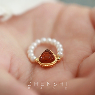 珍氏珠宝天然淡水baby珍珠戒指女 血珀佛公指环戒圈 S925银新中式