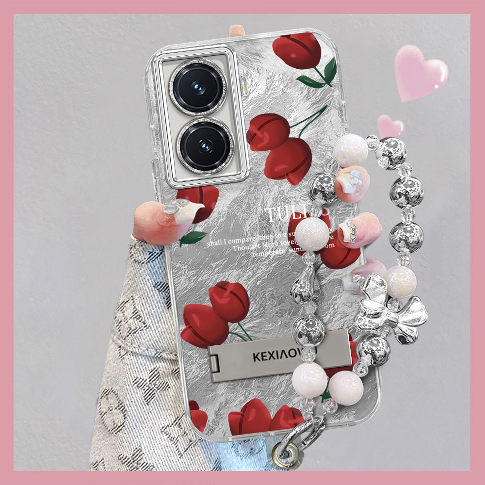 适用vivoy77/y7红色郁金香s12/s15冰川纹x50/x60带镜头膜x70/x80pro手机壳s17/s18新款s16/s19pro小清新y52s