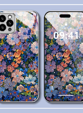 适用于苹果14promax简约个性16pro紫色夜花15plus蓝色满屏花朵iphone12/13高级感油画风xr/xmax电镀玻璃壳