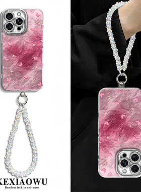 适用苹果13proma粉色蝴蝶6/7plus精孔冰川纹17pro清新细闪苹果11新款手链x/xr手机壳iphone15/16手机壳