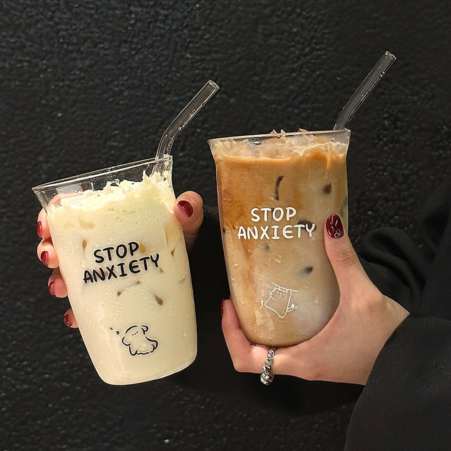 ins风卡通小狗玻璃杯拿铁女生美式咖啡杯冷饮杯早餐高颜值果汁杯