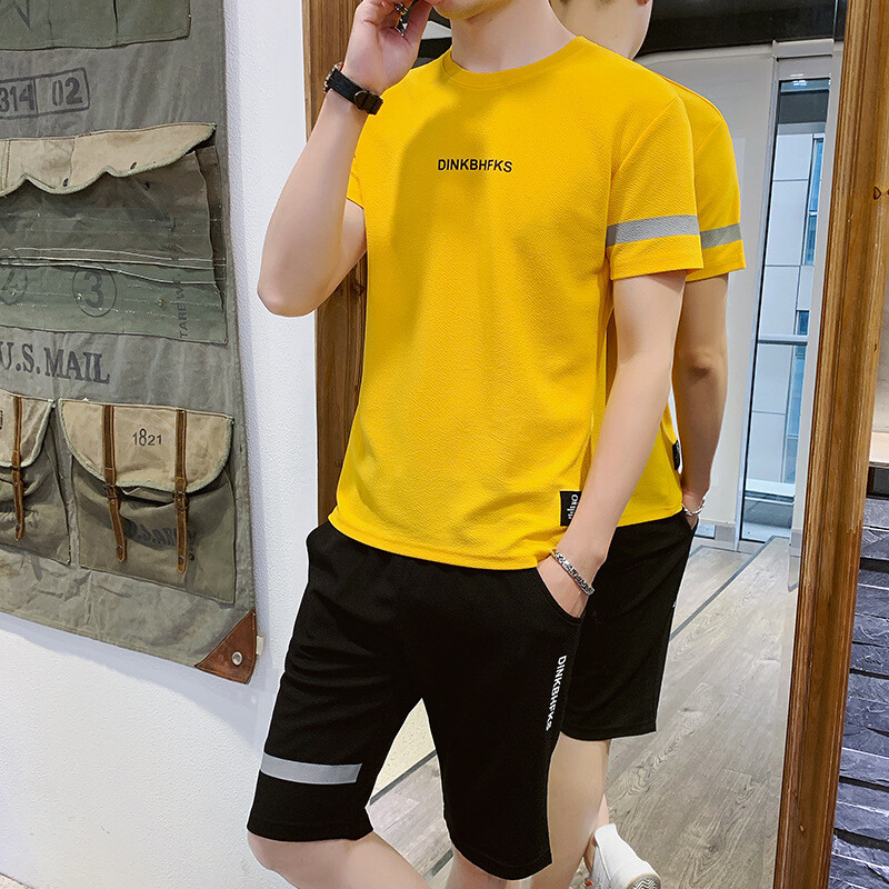 君鸿月男士短袖T恤套装 夏季韩版潮流两件套潮牌休闲运动服