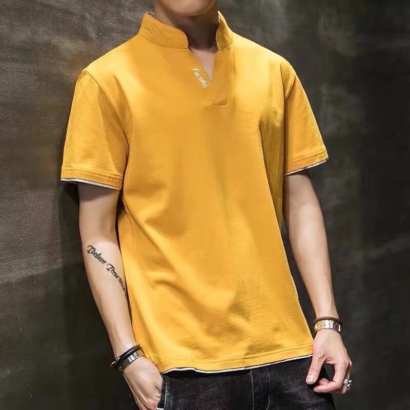 君鸿月新款男士短袖t恤夏季潮牌潮流V领丅恤 宽松衣服立领体恤
