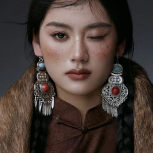 藏族民族风复古松石耳环女苗疆合金耳饰手工藏饰配饰耳坠旅拍配饰