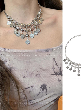 波西米亚复古钱币流苏银色项链