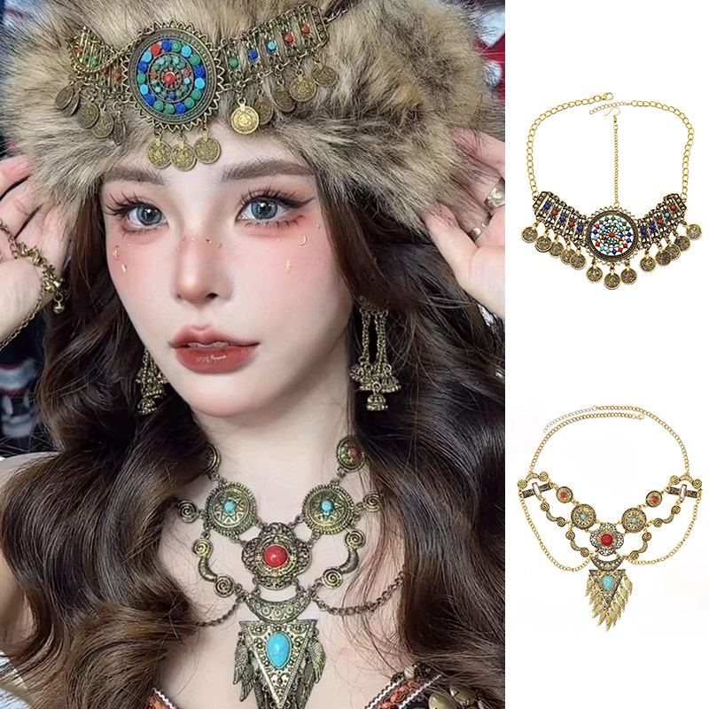 部落公主民族风钱币流苏额头链发饰女敦煌复古项链异域风头饰配饰