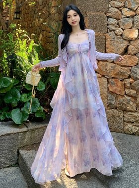 法式绝美仙气紫色雪纺吊带裙女夏大码胖mm氛围感飘逸荷叶边连衣裙