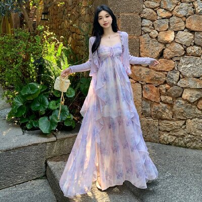 法式绝美仙气紫色雪纺吊带裙女夏大码胖mm氛围感飘逸荷叶边连衣裙